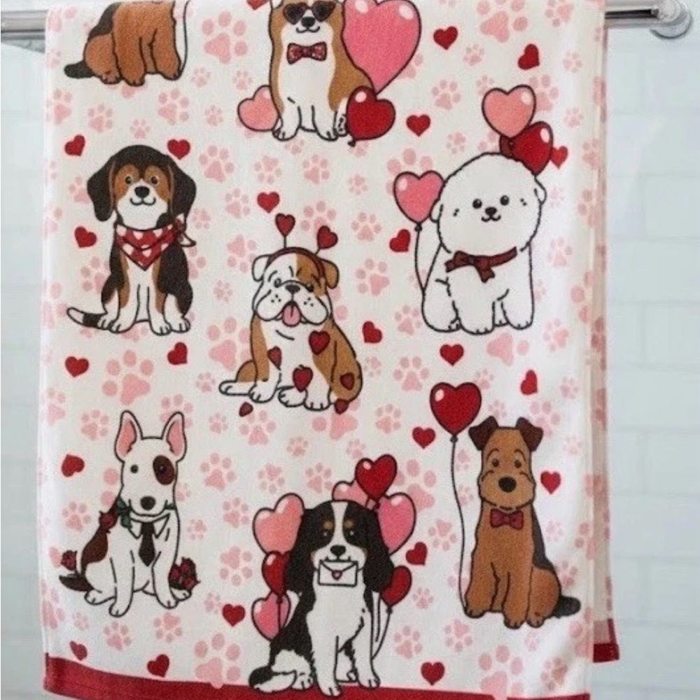 Kassafina PUPPY LOVE Dogs Hearts Set Of 2, Bath & Hand Towel, Corgi, Terrier etc - Picture 3 of 7